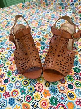 Women's Brown Laser-Cut Leather Slingback Heels